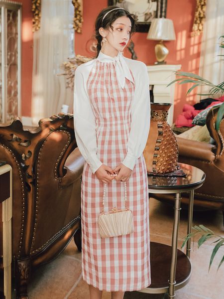 2021 summer pink plaid bow women's neck full sleeve of the vintage office lady dressed long in straight line mid-calf's elegant dr, Black;gray
2021 summer pink plaid bow women's neck full sleeve of the vintage office lady dressed long in straight line mid-calf's elegant dr, Black;gray