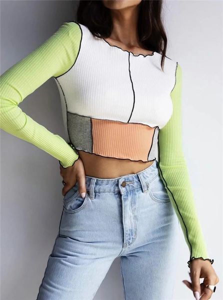 splicing contrast color women fall long sleeve t-shirt casual tight low collar streetwear shirt basic, White
splicing contrast color women fall long sleeve t-shirt casual tight low collar streetwear shirt basic, White