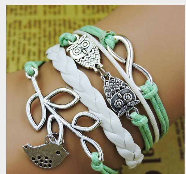 infinity, bird owls lovely lucky charm branch/leaf bracelet in silver - mint green wax cords and leather braidps1486khca
infinity, bird owls lovely lucky charm branch/leaf bracelet in silver - mint green wax cords and leather braidps1486khca
