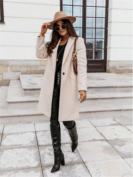 autumn winter women long sleeve lapel wool blends coat long sleeve single button pocket solid color outerwear zaraing lj201106, Black