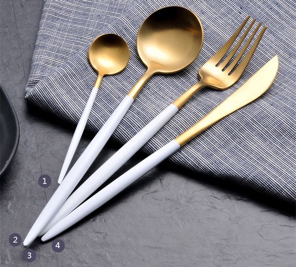 portugal cutlery knife and fork spoon 304 stainless steel western tableware white handle golden pointed tail flatware epacket
portugal cutlery knife and fork spoon 304 stainless steel western tableware white handle golden pointed tail flatware epacket