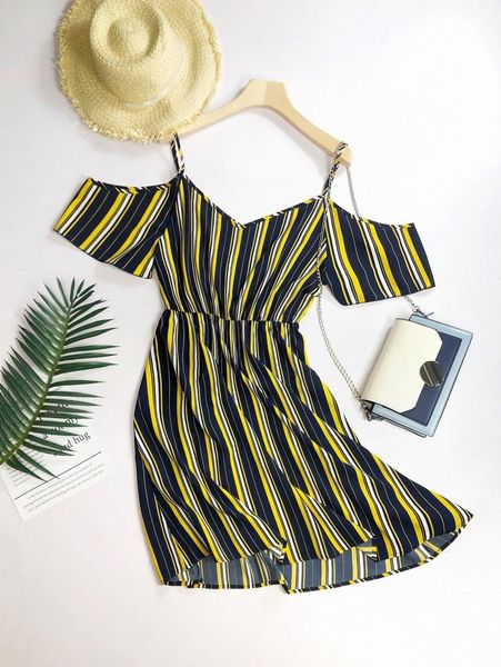 plus cold shoulder striped dress p7cu#, Black