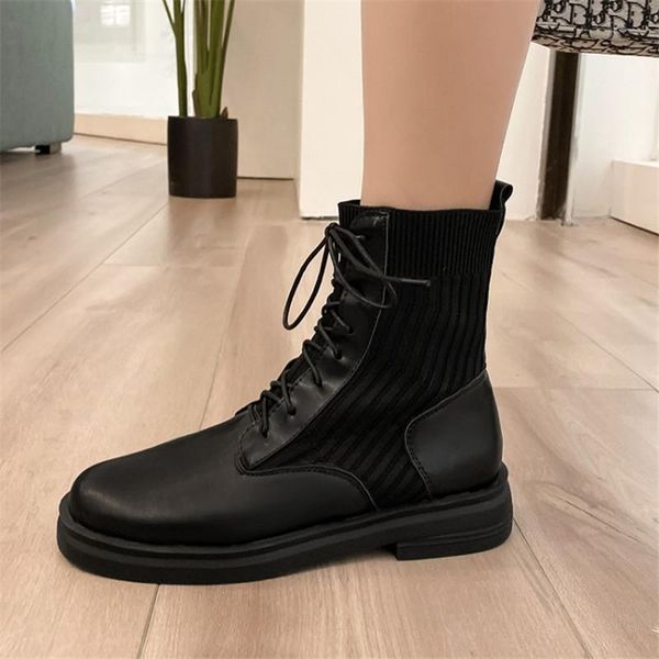 pxelena 2020 shoes women low heels ankle boots pu+knitting lace up round toe autumn winter boots plus size 34-45, Black
pxelena 2020 shoes women low heels ankle boots pu+knitting lace up round toe autumn winter boots plus size 34-45, Black