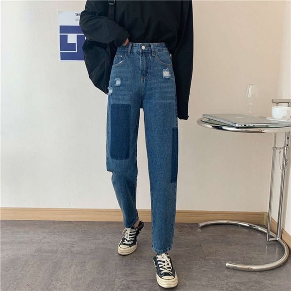new irregular stitching nine point curl straight tube jeans harem radish daddy pants in autumn 2020, Blue
new irregular stitching nine point curl straight tube jeans harem radish daddy pants in autumn 2020, Blue