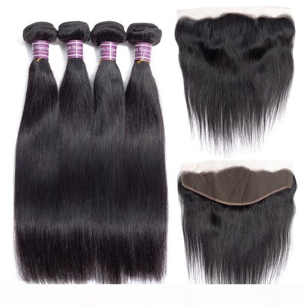 brazilian virgin straight human hair weave bundles with frontal unprocessed virgin straight hair bundles with frontal remy hair extensions, Black