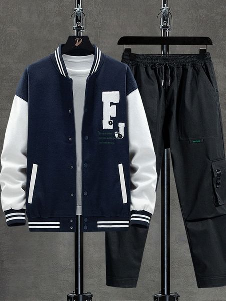 men 1pc slogan graphic striped trim bomber jacket & 1pc drawstring pants v6po#, Gray
men 1pc slogan graphic striped trim bomber jacket & 1pc drawstring pants v6po#, Gray