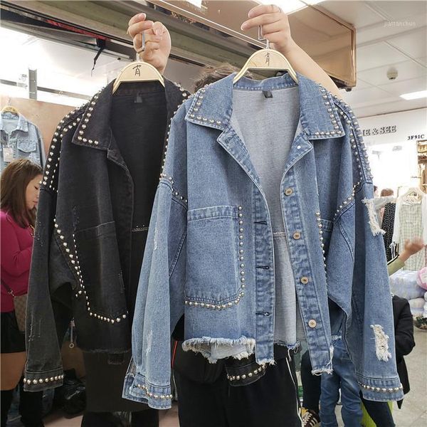 spring autumn black denim jacket new loose large size bf rivet beads ins short jean jacket girls ladies ripped tassel jean coats1, Black;brown
spring autumn black denim jacket new loose large size bf rivet beads ins short jean jacket girls ladies ripped tassel jean coats1, Black;brown