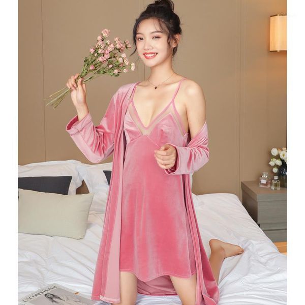 women nightgown set with long sleeve robe velvet suspender deep mesh v neck two piece sets ladies pajamas autumn 20201, Black;red
women nightgown set with long sleeve robe velvet suspender deep mesh v neck two piece sets ladies pajamas autumn 20201, Black;red