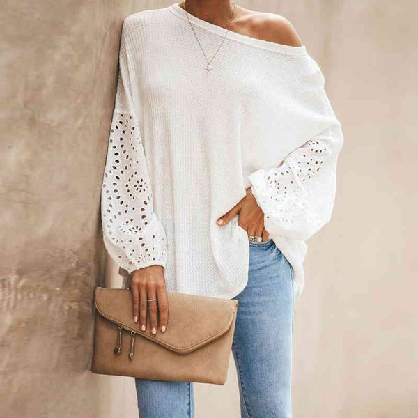 solid color loose o-neck off shoulder women t shirt autumn fashion knitt stitching hollow lace puff long sleeves t-shirts, White
solid color loose o-neck off shoulder women t shirt autumn fashion knitt stitching hollow lace puff long sleeves t-shirts, White