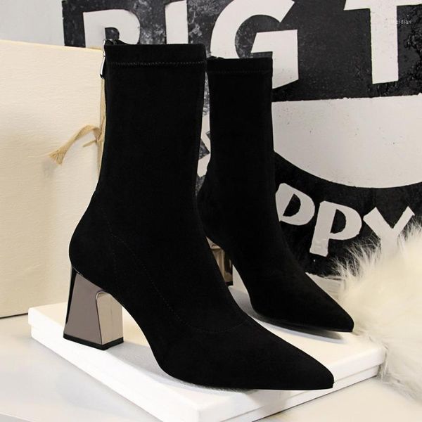 european and american style fashion simple metal thick heel high heel suede pointed pedicure nightclub slim short boots1, Black
european and american style fashion simple metal thick heel high heel suede pointed pedicure nightclub slim short boots1, Black