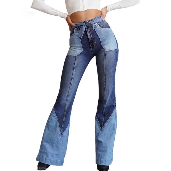 color block high waisted flare jeans woman skinny patchwork jean trousers with pockets belts denim bell bottom pants, Blue
color block high waisted flare jeans woman skinny patchwork jean trousers with pockets belts denim bell bottom pants, Blue