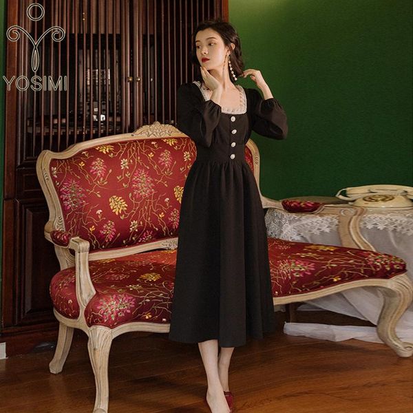 casual dresses yosimi vintage red women 2021 autumn lace square collar three quarter puff sleeve midi a-line empire black dress elegant, Black;gray 
casual dresses yosimi vintage red women 2021 autumn lace square collar three quarter puff sleeve midi a-line empire black dress elegant, Black;gray
