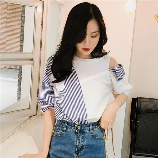 stripe shirts women 2020 summer new strapless shoulder open half sleeve blouses shirt blue stripe splice cotton shirt 922d, White
stripe shirts women 2020 summer new strapless shoulder open half sleeve blouses shirt blue stripe splice cotton shirt 922d, White