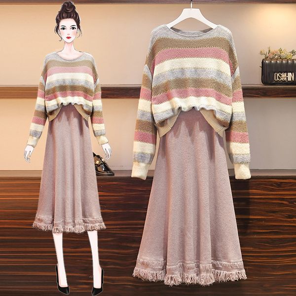 2020 large women's autumn and winter new striped sweater thin suit fat sister two piece suit, White
2020 large women's autumn and winter new striped sweater thin suit fat sister two piece suit, White