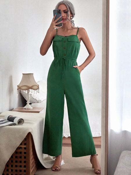 single breasted elastic waist wide leg cami jumpsuit d1x8#, White
single breasted elastic waist wide leg cami jumpsuit d1x8#, White