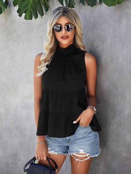 shirred frilled neck ruffle hem blouse j5ry#, White