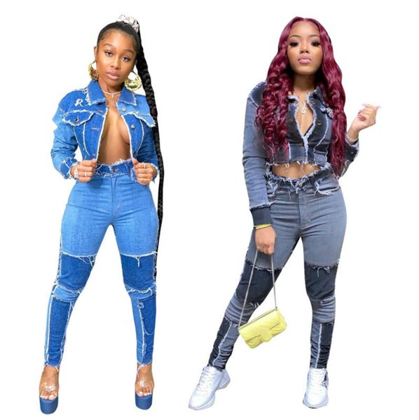 women jean 2 piece set fashion denim long sleeve buttons cardigan stitching pencli pants suit party casual fashion ladies clothes 983, White
women jean 2 piece set fashion denim long sleeve buttons cardigan stitching pencli pants suit party casual fashion ladies clothes 983, White