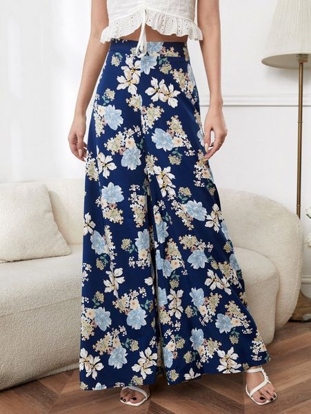 floral print super wide leg pants 93j4#, Black;white
