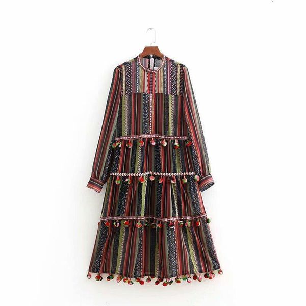 women vintage o neck fur ball splicing colorful striped long dress female chic vestidos casual slim brand party dresses ds1244, Black;gray
women vintage o neck fur ball splicing colorful striped long dress female chic vestidos casual slim brand party dresses ds1244, Black;gray
