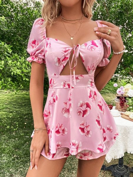 leaf print cut out knot front peplum waist romper x27p#, White
leaf print cut out knot front peplum waist romper x27p#, White