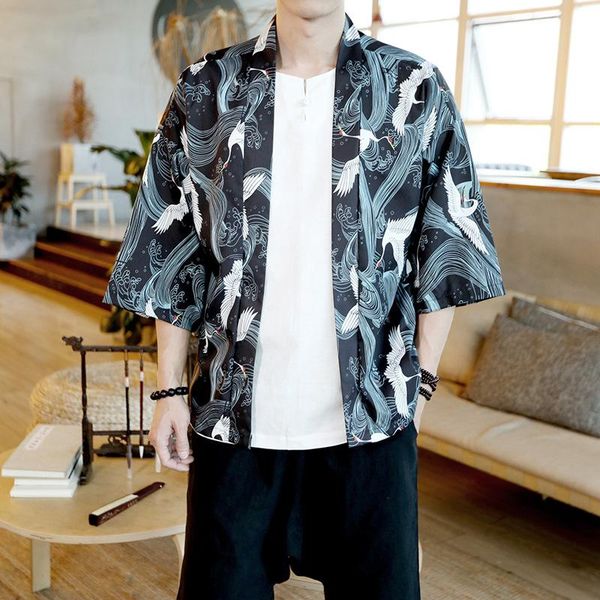 men's casual shirts kimono cardigan japanese style cotton seven sleeves open front coat for male, White;black
men's casual shirts kimono cardigan japanese style cotton seven sleeves open front coat for male, White;black