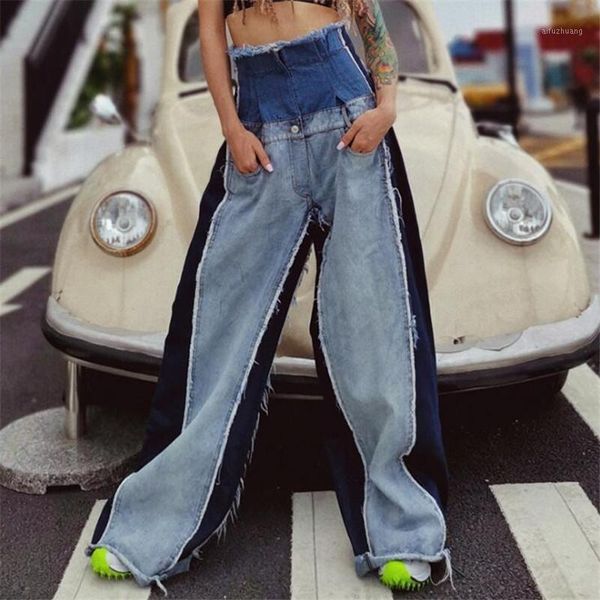 2021 fashion casual denim patchwork women trousers high waist hit color long wide leg pants for female fashion spring tide1, Blue 
2021 fashion casual denim patchwork women trousers high waist hit color long wide leg pants for female fashion spring tide1, Blue