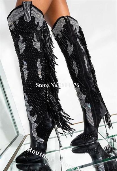 boots est bling women pointed toe rhinestone metallic stiletto heel over knee tassels crystal fringes long, Black
boots est bling women pointed toe rhinestone metallic stiletto heel over knee tassels crystal fringes long, Black