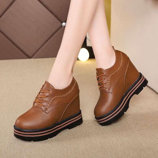 

rimocy women wedges platform ankle boots vintage round toe lace up pu leather shoes woman autumn casual height increasing shoes, Black
