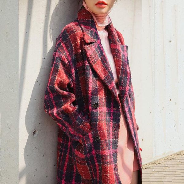 women's wool & blends winter jacket vintage plaid woolen coat casual loose long temperament lapel single-breasted blend coats, Black
women's wool & blends winter jacket vintage plaid woolen coat casual loose long temperament lapel single-breasted blend coats, Black