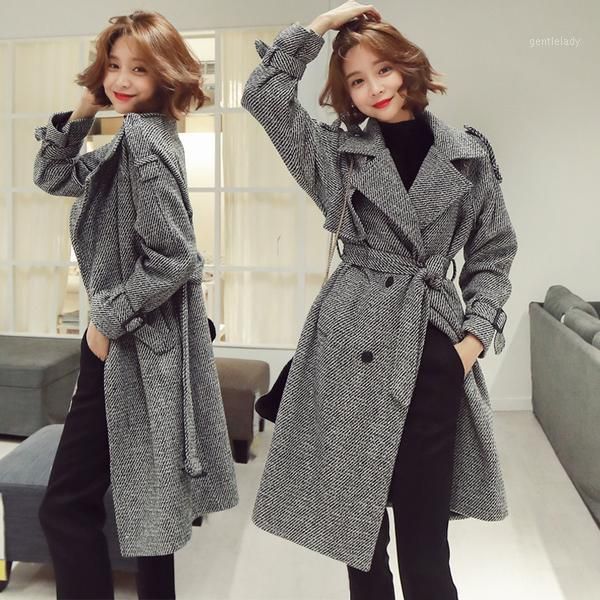 women's wool & blends korean houndstooth long coat elegant women double-breasted lapel collar sashes pocket plaid loose thick woolen ou, Black
women's wool & blends korean houndstooth long coat elegant women double-breasted lapel collar sashes pocket plaid loose thick woolen ou, Black