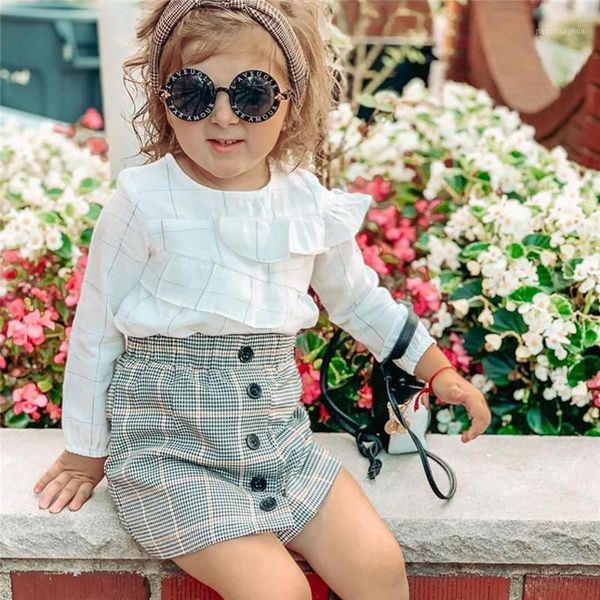 clothing sets kids girls 2 piece summer outfits, ruffle trim long sleeve shirt + retro buttons plaid skirt clothes sets1, White
clothing sets kids girls 2 piece summer outfits, ruffle trim long sleeve shirt + retro buttons plaid skirt clothes sets1, White