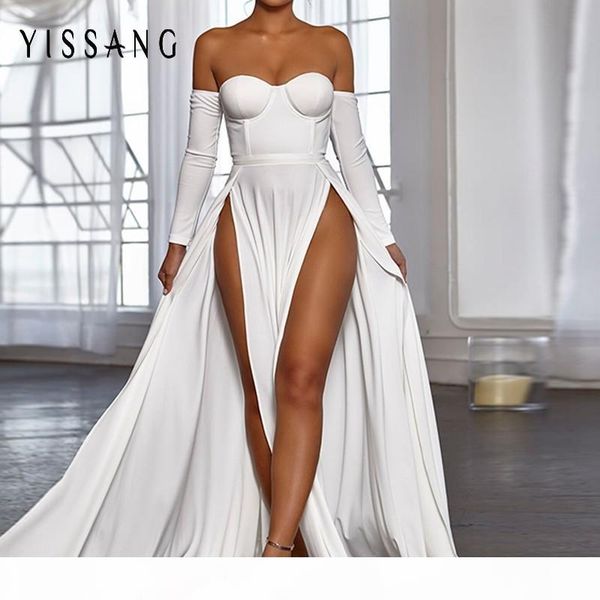 yissang white dress women off shoulder summer white maxi long sleeve dresses high split party elegant dress vestidos mx190725, Black;gray
yissang white dress women off shoulder summer white maxi long sleeve dresses high split party elegant dress vestidos mx190725, Black;gray
