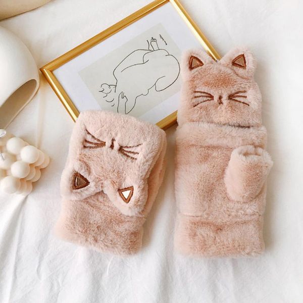 women student thicken plush warm half finger gloves cute cat embroidery convertible flip winter fingerless mittens, Blue;gray
women student thicken plush warm half finger gloves cute cat embroidery convertible flip winter fingerless mittens, Blue;gray