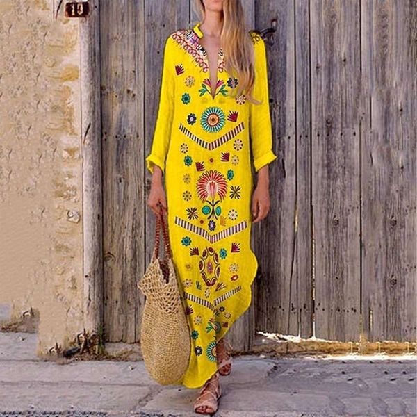 2019 new v-neck print national style loose long linen women's dress, Black;gray