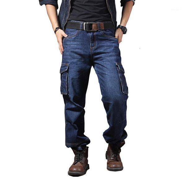 men's jeans mcikkny fashion cargo jean pants with multi-pockets loose style motorcycle denim trousers for male washed size 29-441, Blue 
men's jeans mcikkny fashion cargo jean pants with multi-pockets loose style motorcycle denim trousers for male washed size 29-441, Blue