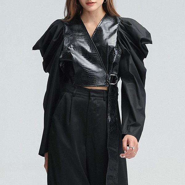 european and american design sense 2020 autumn new short cool girl stitching street lantern sleeve strap short shirt girl, White
european and american design sense 2020 autumn new short cool girl stitching street lantern sleeve strap short shirt girl, White