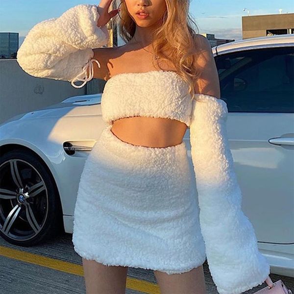 women winter 2pcs outfits set removable long sleeve strapless bandage tube mini skirt fuzzy plush clubwear, Gray
women winter 2pcs outfits set removable long sleeve strapless bandage tube mini skirt fuzzy plush clubwear, Gray