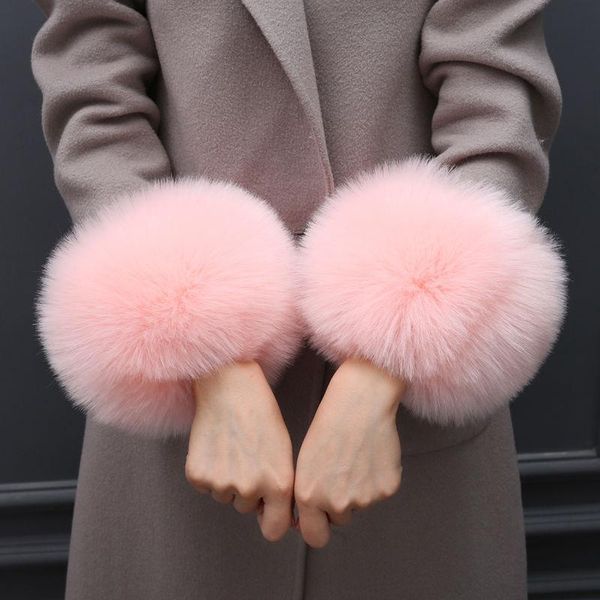 one pair faux fur plush windproof cuffs wristband winter arm warmer women thick wrist arms gloves female elastic oversleeve, Blue;gray