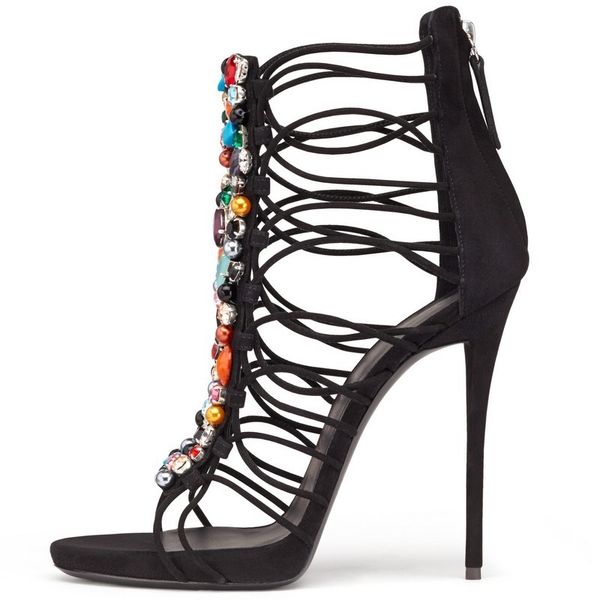 colored crystals embellished sandals thin peep-toe heels clipped with zipper, cage-laced women's sandals., Black
colored crystals embellished sandals thin peep-toe heels clipped with zipper, cage-laced women's sandals., Black