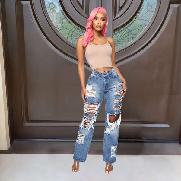 2020 new style pierced straight tube women's slim jeans pants, Blue
2020 new style pierced straight tube women's slim jeans pants, Blue