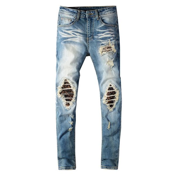 men's printed pleated patchwork biker jeans streetwear holes ripped stretch denim slim skinny pants c1123, Blue
men's printed pleated patchwork biker jeans streetwear holes ripped stretch denim slim skinny pants c1123, Blue