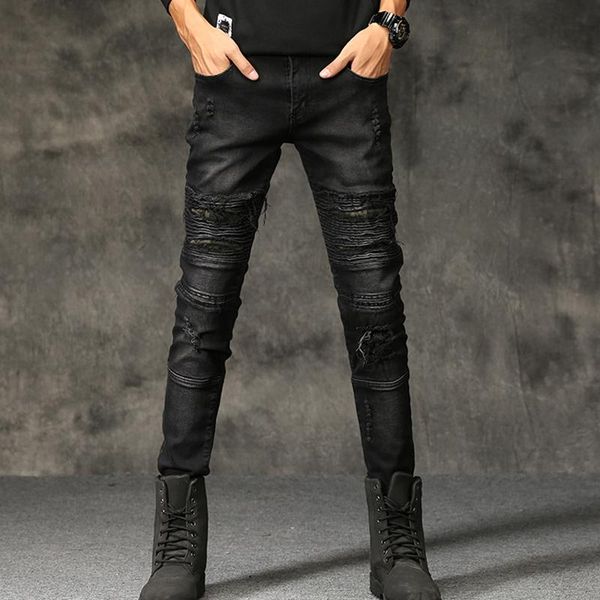men's jeans black slim stretch men high street broken knee small straight motorcycle washed trousers, Blue
men's jeans black slim stretch men high street broken knee small straight motorcycle washed trousers, Blue