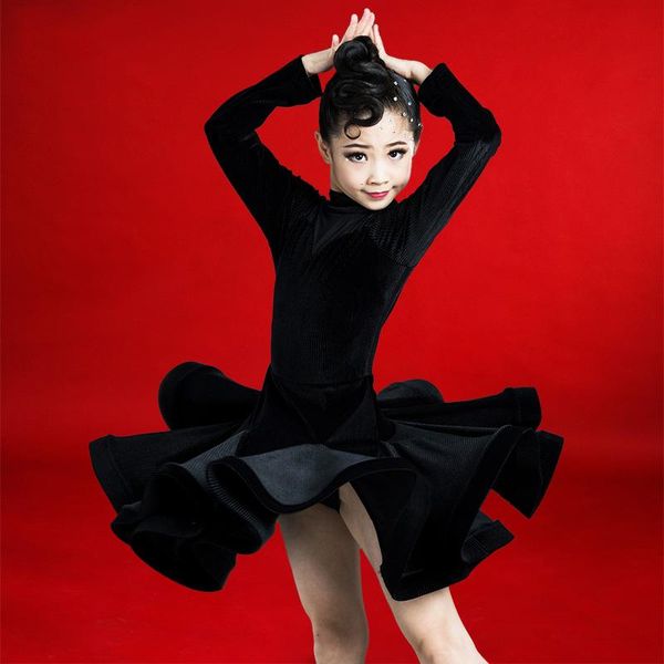 child latin dance competition dress for girls long sleeved velvet stage performance clothes kids samba dance dress samba dwy2843, Black;red
child latin dance competition dress for girls long sleeved velvet stage performance clothes kids samba dance dress samba dwy2843, Black;red