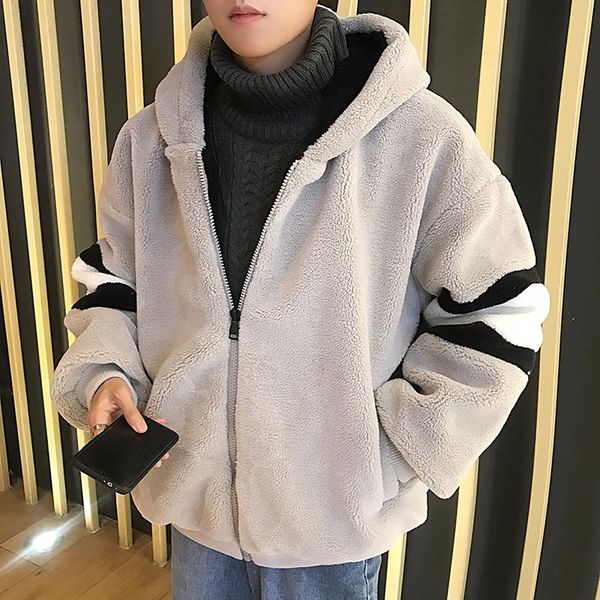 men's fall winter lamb velvet loose thick warm jacket pure color hooded cotton clothing, Black
men's fall winter lamb velvet loose thick warm jacket pure color hooded cotton clothing, Black
