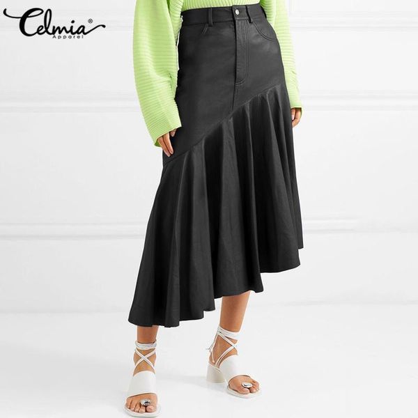 2020 fashion women pu leather skirts celmia vintage casual high waist asymmetrical long skirt plus size ruffled leather skirts 71, Black 
2020 fashion women pu leather skirts celmia vintage casual high waist asymmetrical long skirt plus size ruffled leather skirts 71, Black