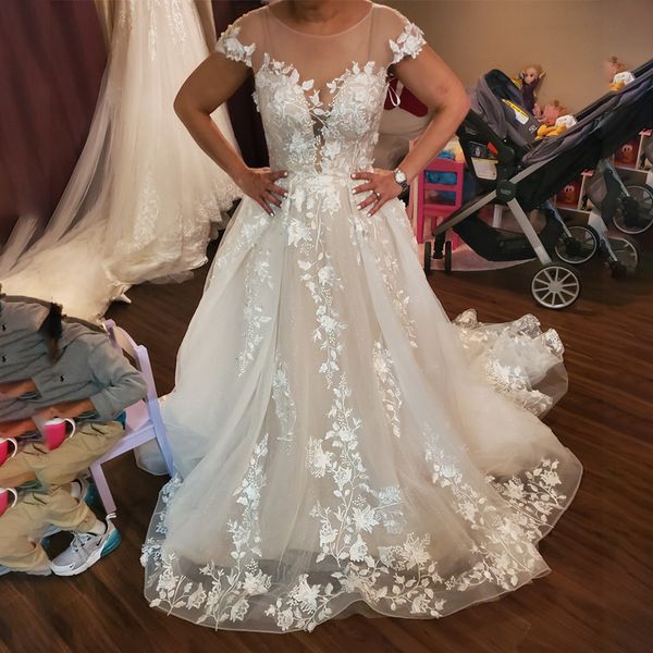 romantic sheer neck short sleeves wedding dress applique lace sweep train wedding gowns button back custom made bridal dress, White
romantic sheer neck short sleeves wedding dress applique lace sweep train wedding gowns button back custom made bridal dress, White