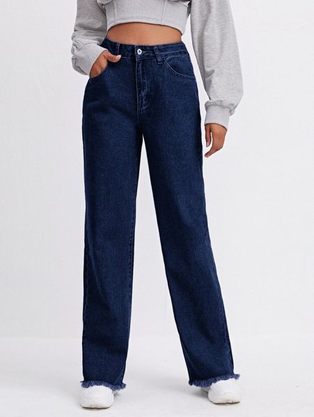 high waist raw hem straight leg jeans k4hd#, Blue