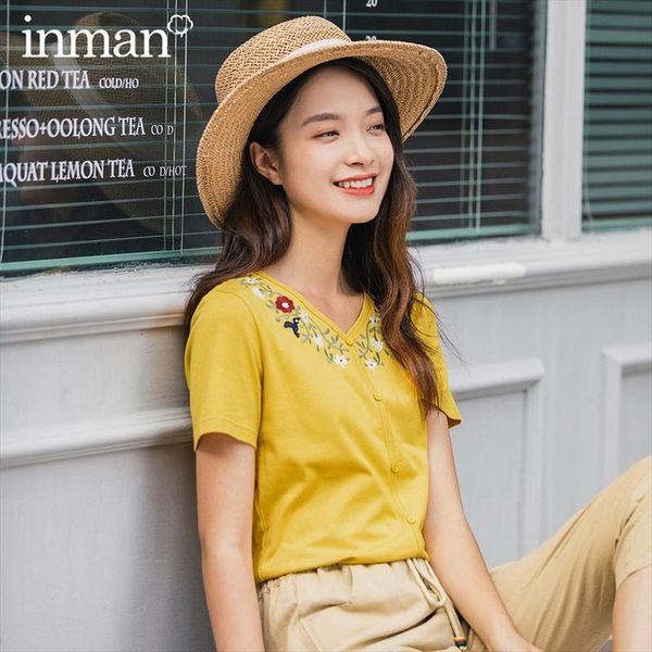 inamn 2020 summer new arrival v neck collar artsy style embroidery women single breasted button cotton t shirt, White
inamn 2020 summer new arrival v neck collar artsy style embroidery women single breasted button cotton t shirt, White