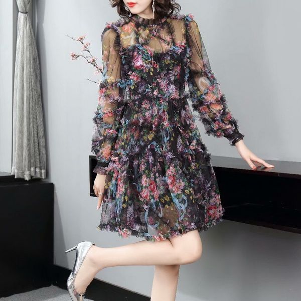 130 2021 brand same style dress long sleeve crew neck mesh womens clothes flora print luxury fashion dress sh, Black
130 2021 brand same style dress long sleeve crew neck mesh womens clothes flora print luxury fashion dress sh, Black