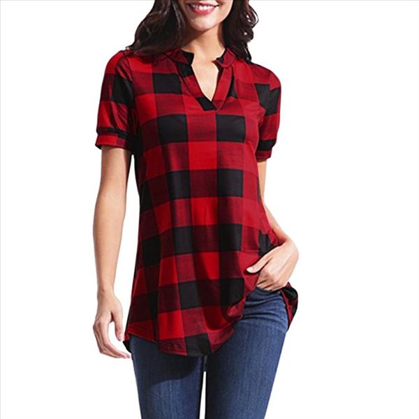 women casual blouse plaid printed short sleeve v neck shirt loose plus size vintage women spring pullover tunics, White
women casual blouse plaid printed short sleeve v neck shirt loose plus size vintage women spring pullover tunics, White